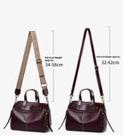 Two brown handbags with adjustable shoulder straps and measurement details on a white background.