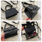 Black handbag with gold accents shown from multiple angles on a light background
