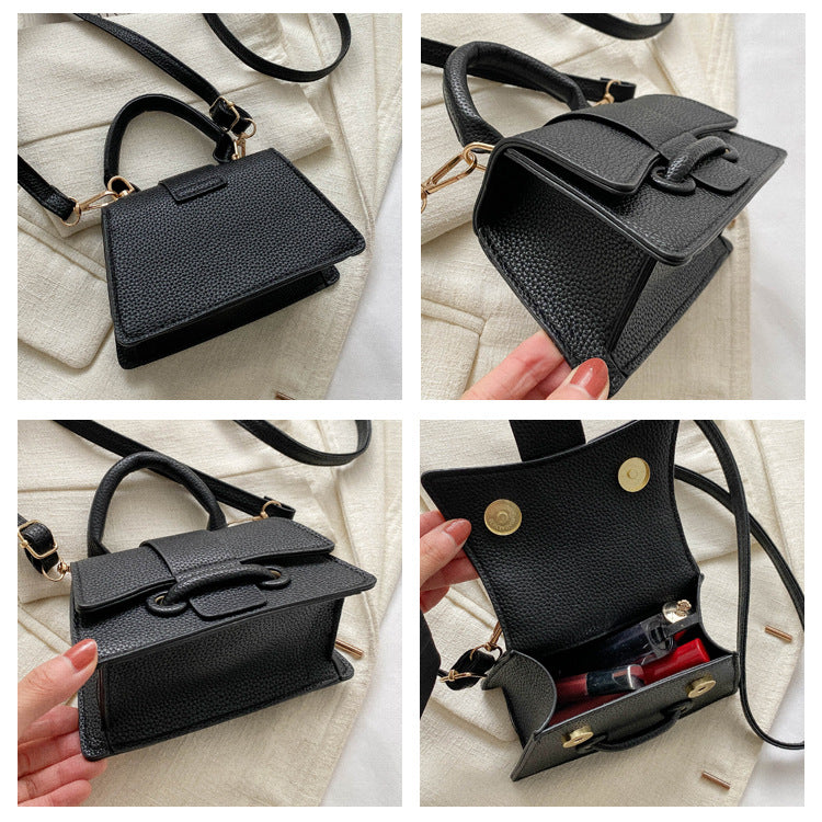 Black handbag with gold accents shown from multiple angles on a light background