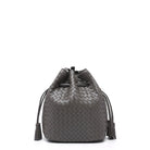 Black woven bucket bag with tassels on a white background