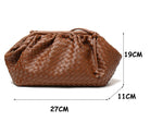 Brown woven handbag with measurements on a white background
