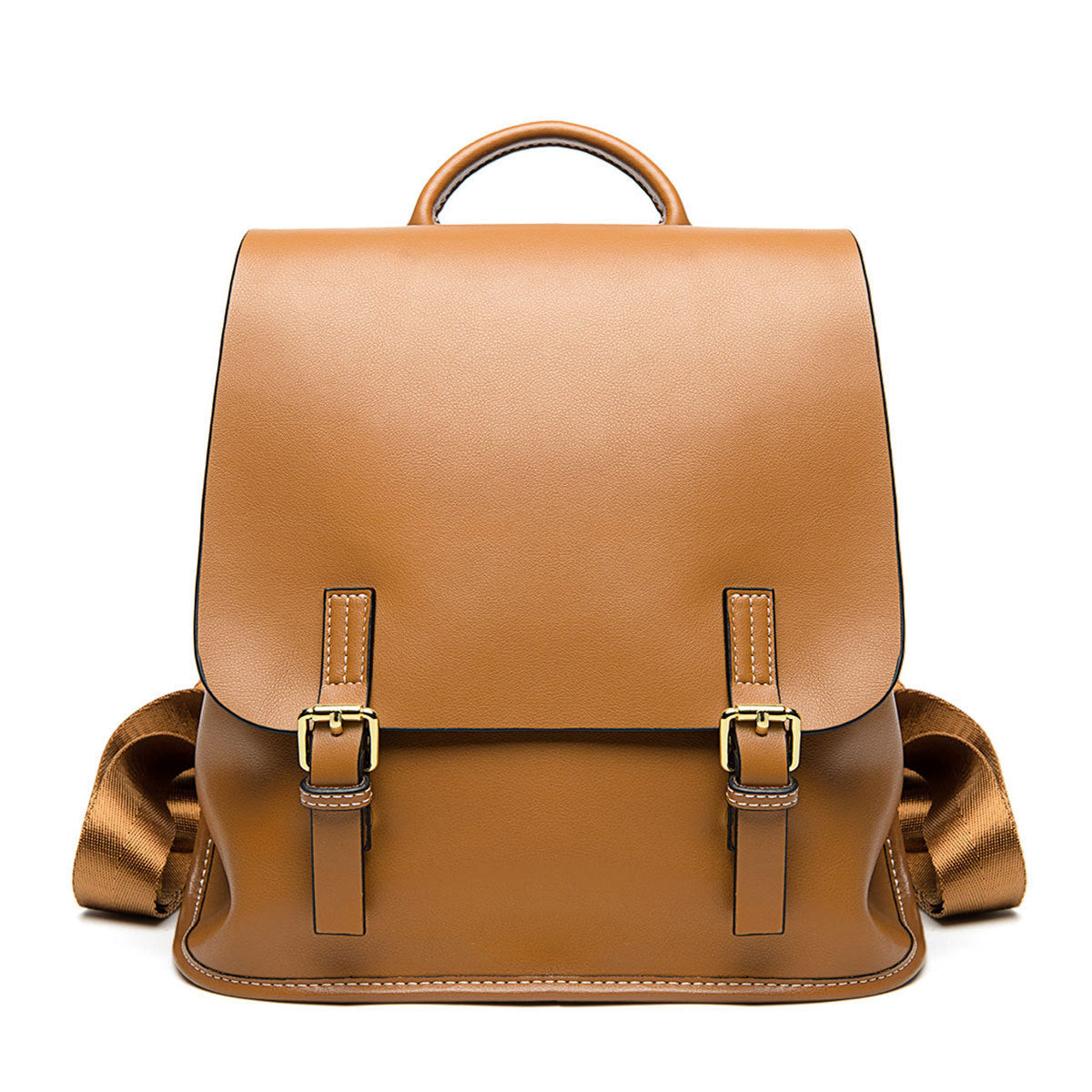 Brown leather backpack on a white background