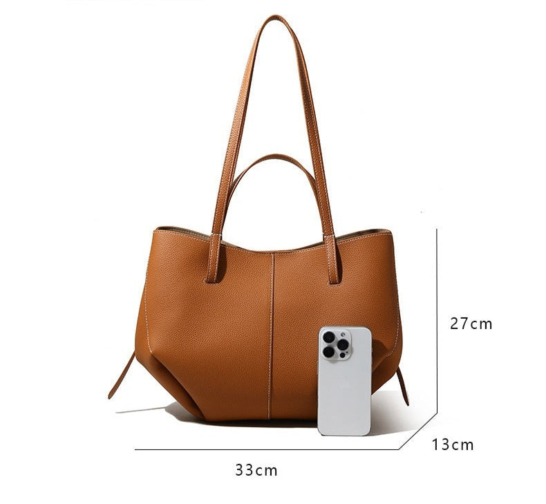 Brown handbag with dimensions and product information on a white background