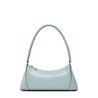Light blue handbag with a gold zipper on a white background