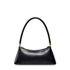 Black handbag with gold accents on a white background