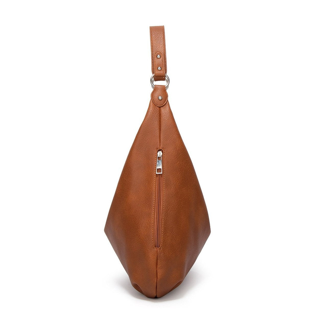 Brown leather handbag with a strap on a white background