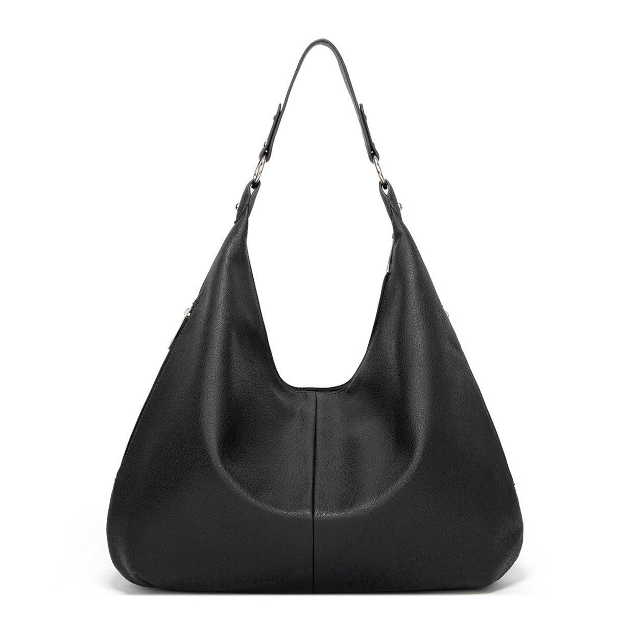 Black leather handbag on a white background