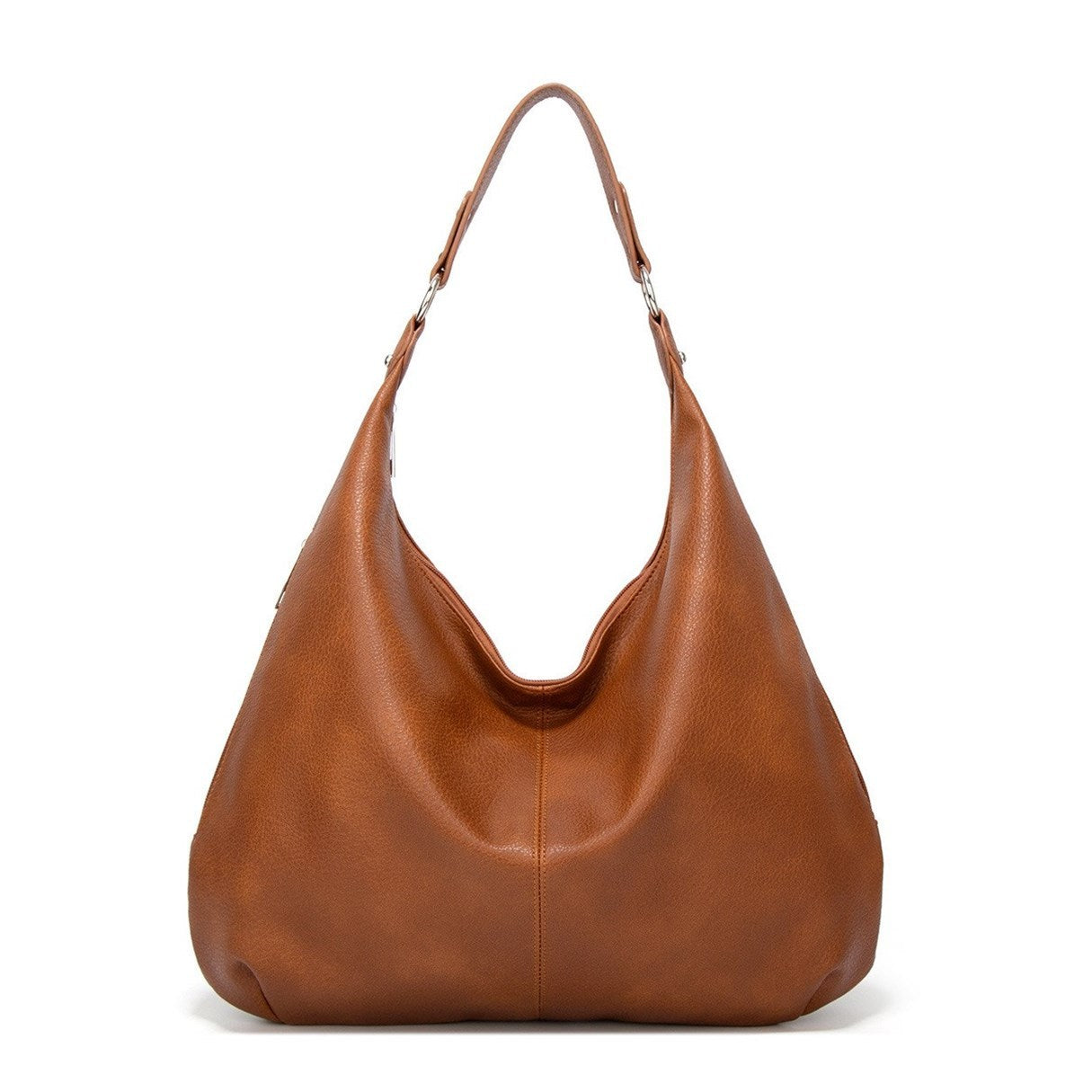 Brown leather handbag on a white background