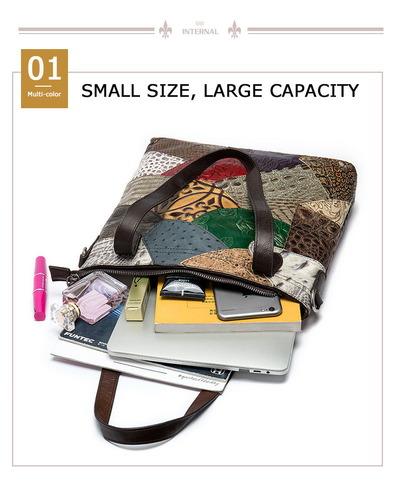 Multicolored bag with various items inside, labeled 'Small Size, Large Capacity'.