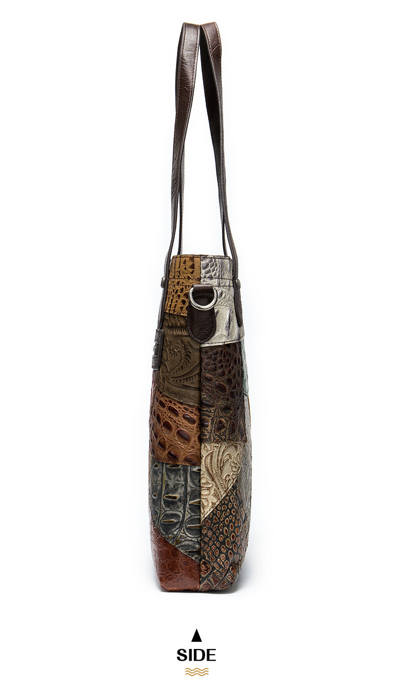Patterned handbag with a side view on a white background