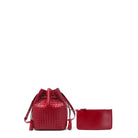 Red woven handbag and matching pouch on a white background