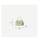 Green handbag with dimensions labeled on a white background