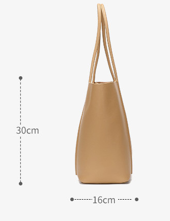Tan handbag with measurements on a white background