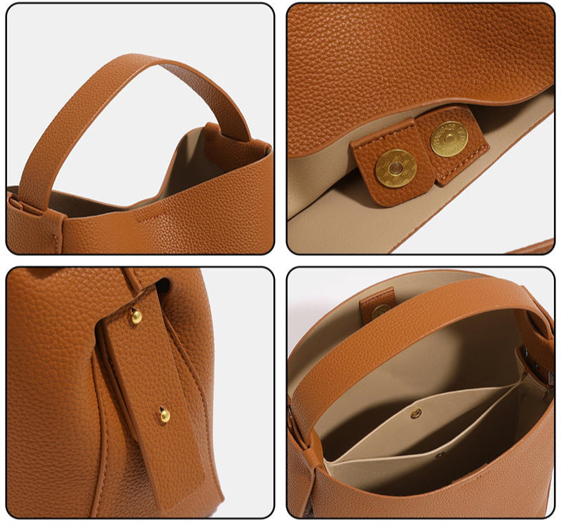 Collage of brown leather sandals with close-up details on a white background.