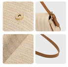 Collage of a woven handbag with close-up details on a white background