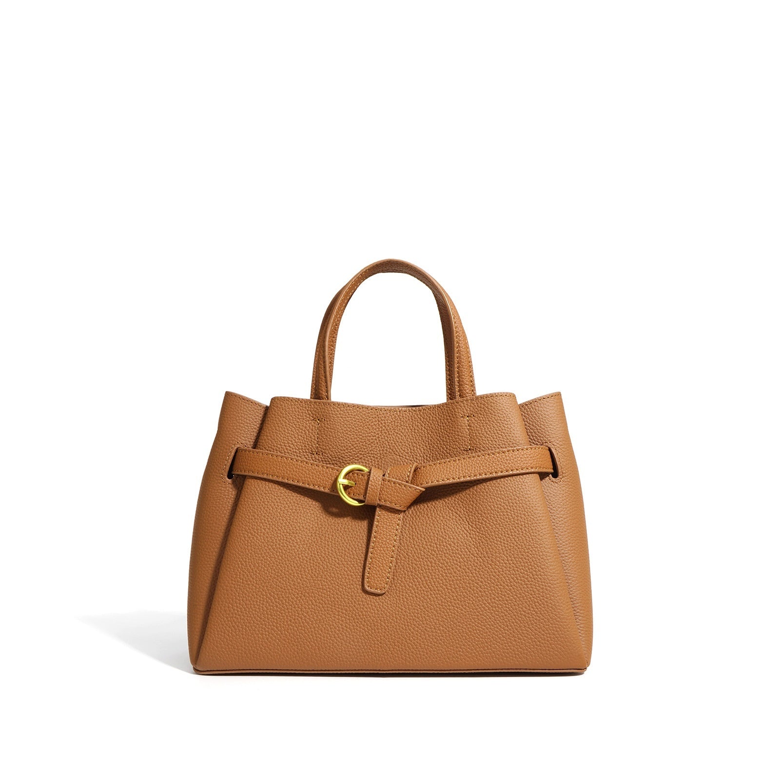 Brown handbag with a strap on a white background