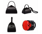 Black handbag with a handle and strap, and a red interior view on a white background.