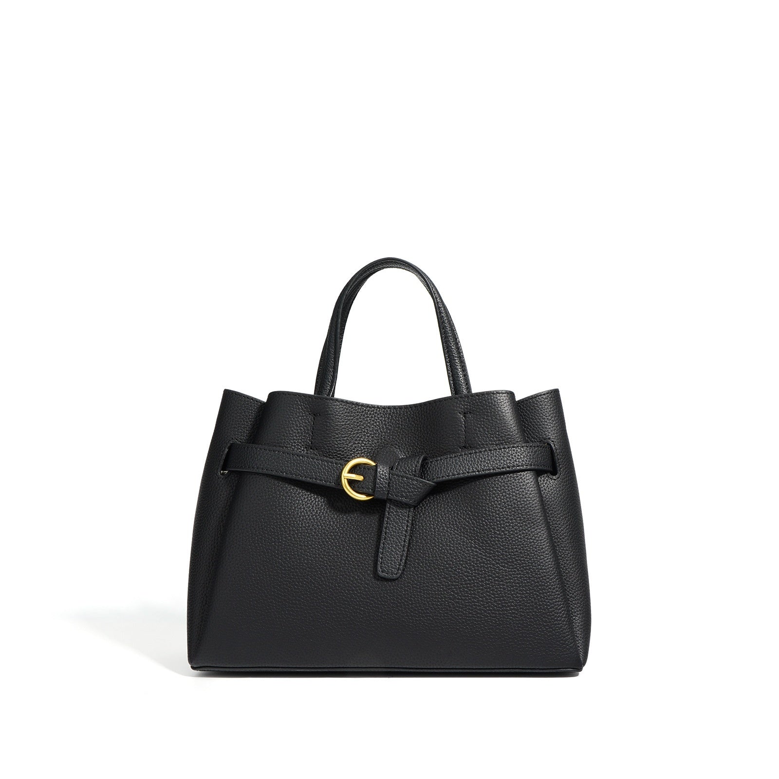 Black handbag with a gold buckle on a white background