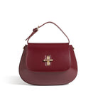 Maroon handbag with a gold clasp on a white background