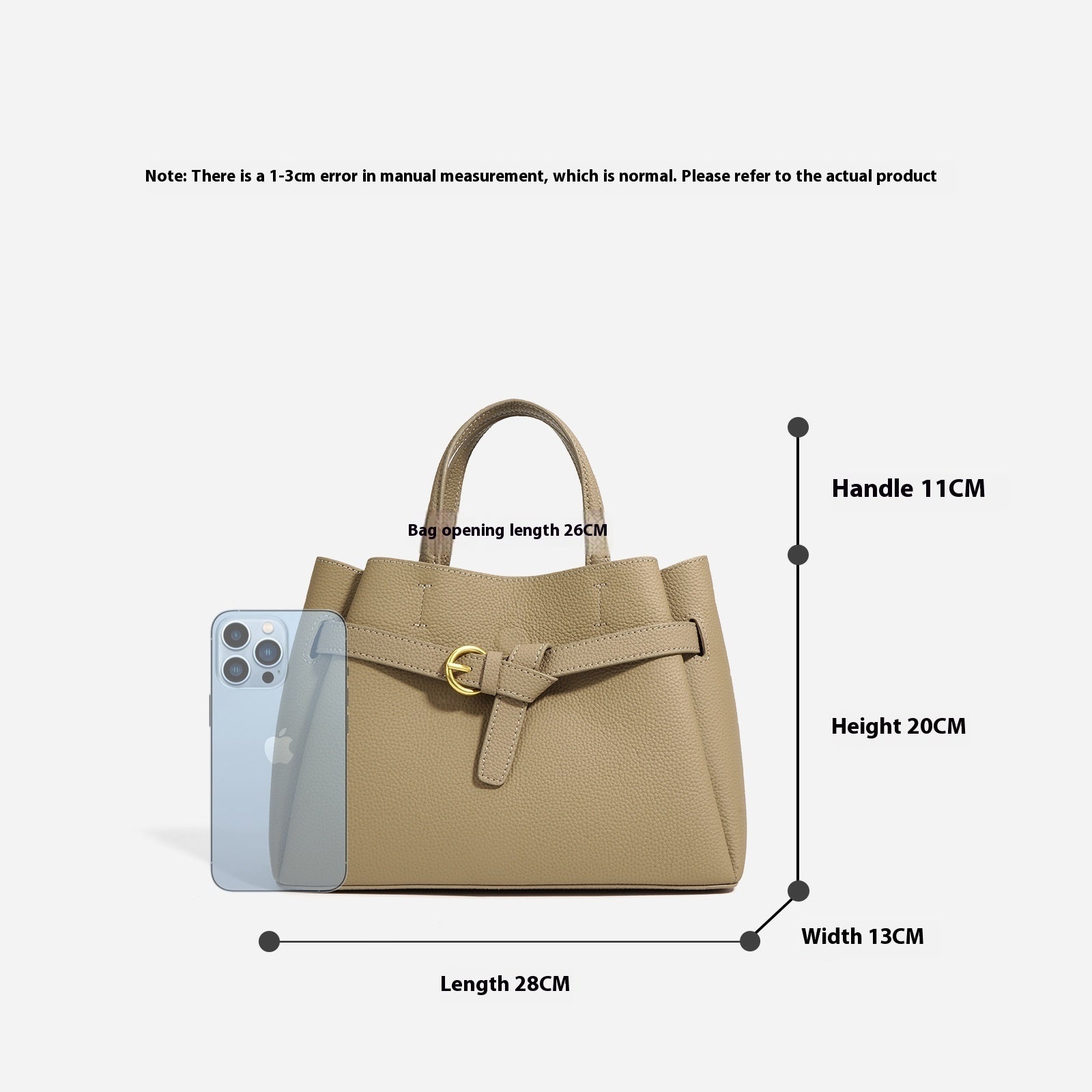 Beige handbag with measurements on a light gray background