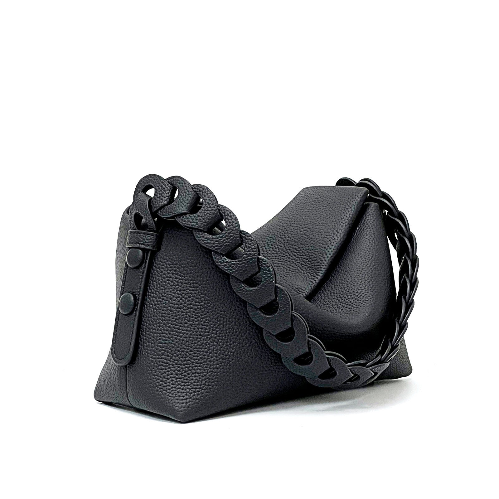 Black handbag with chain detail on a white background