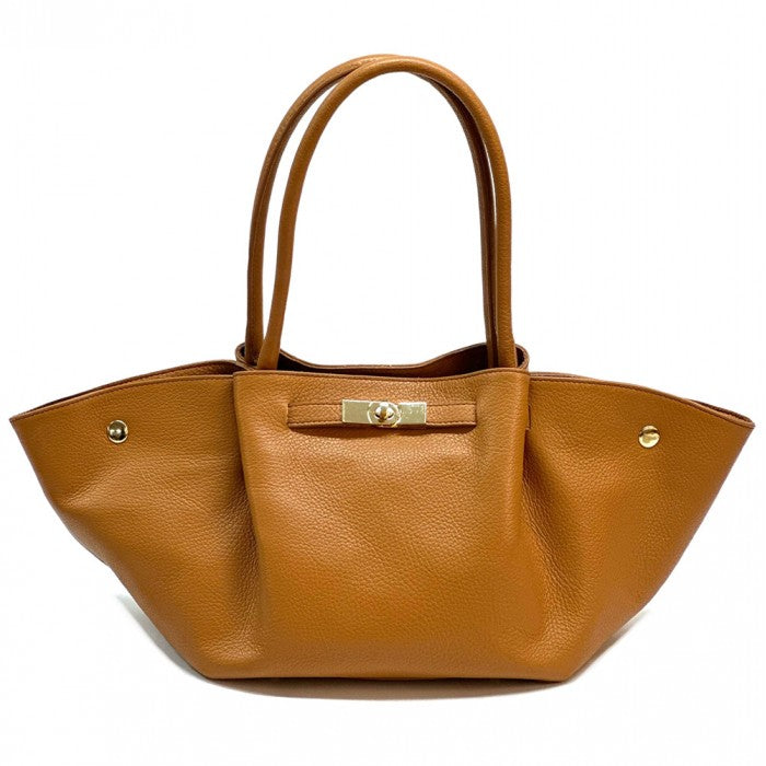 Brown leather handbag with gold accents on a white background