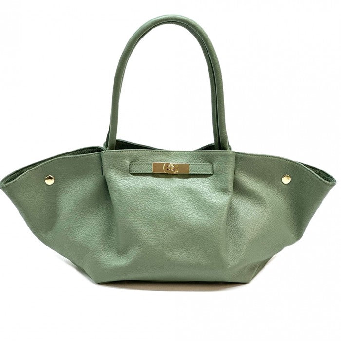 Green handbag with a gold clasp on a white background