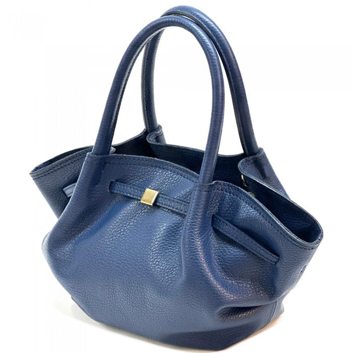 Blue handbag with a gold clasp on a white background