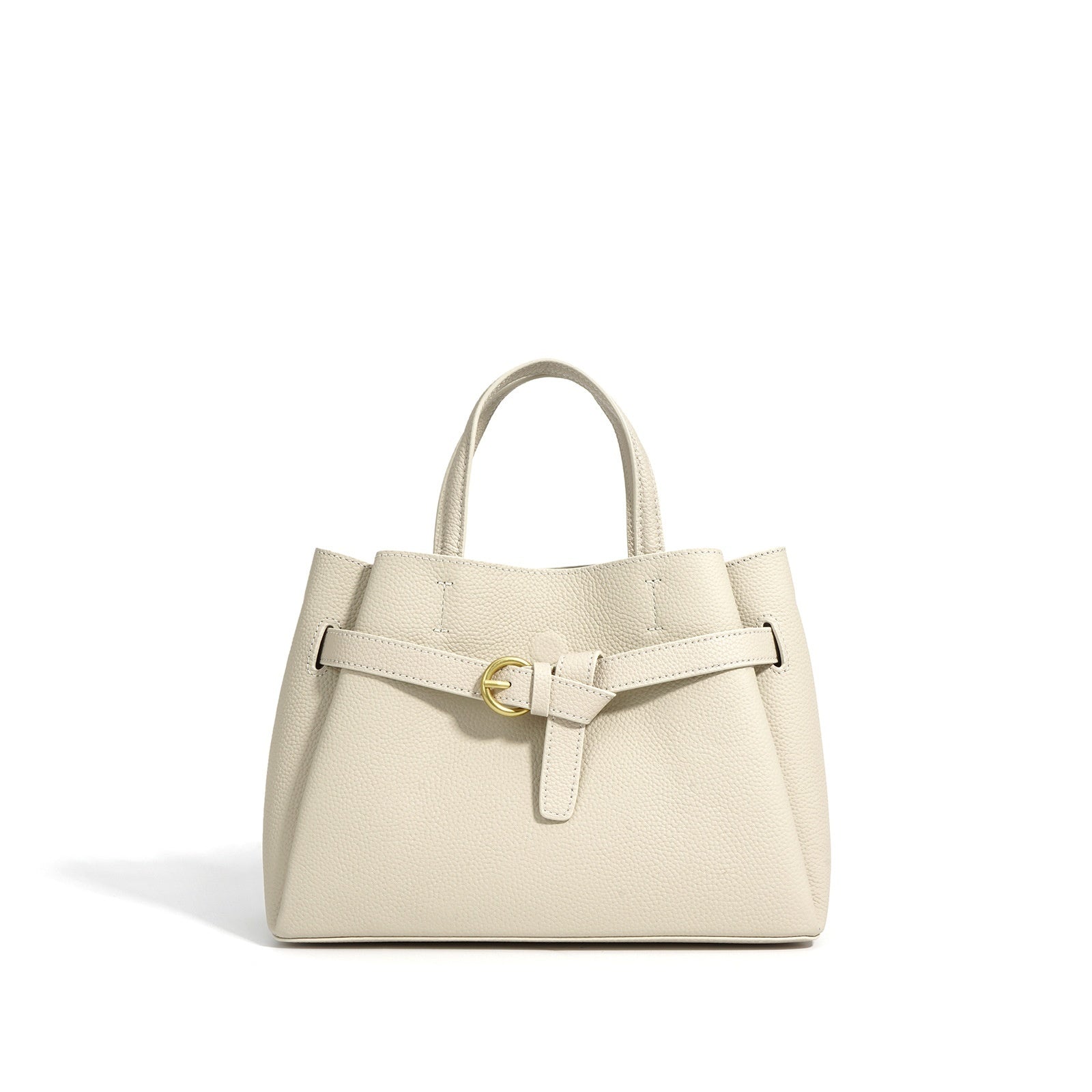 Beige handbag with a gold buckle on a white background