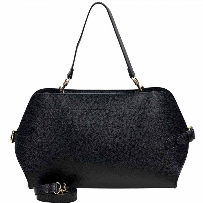 Black handbag with gold accents on a white background
