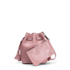 Pink woven handbag with a clutch on a white background