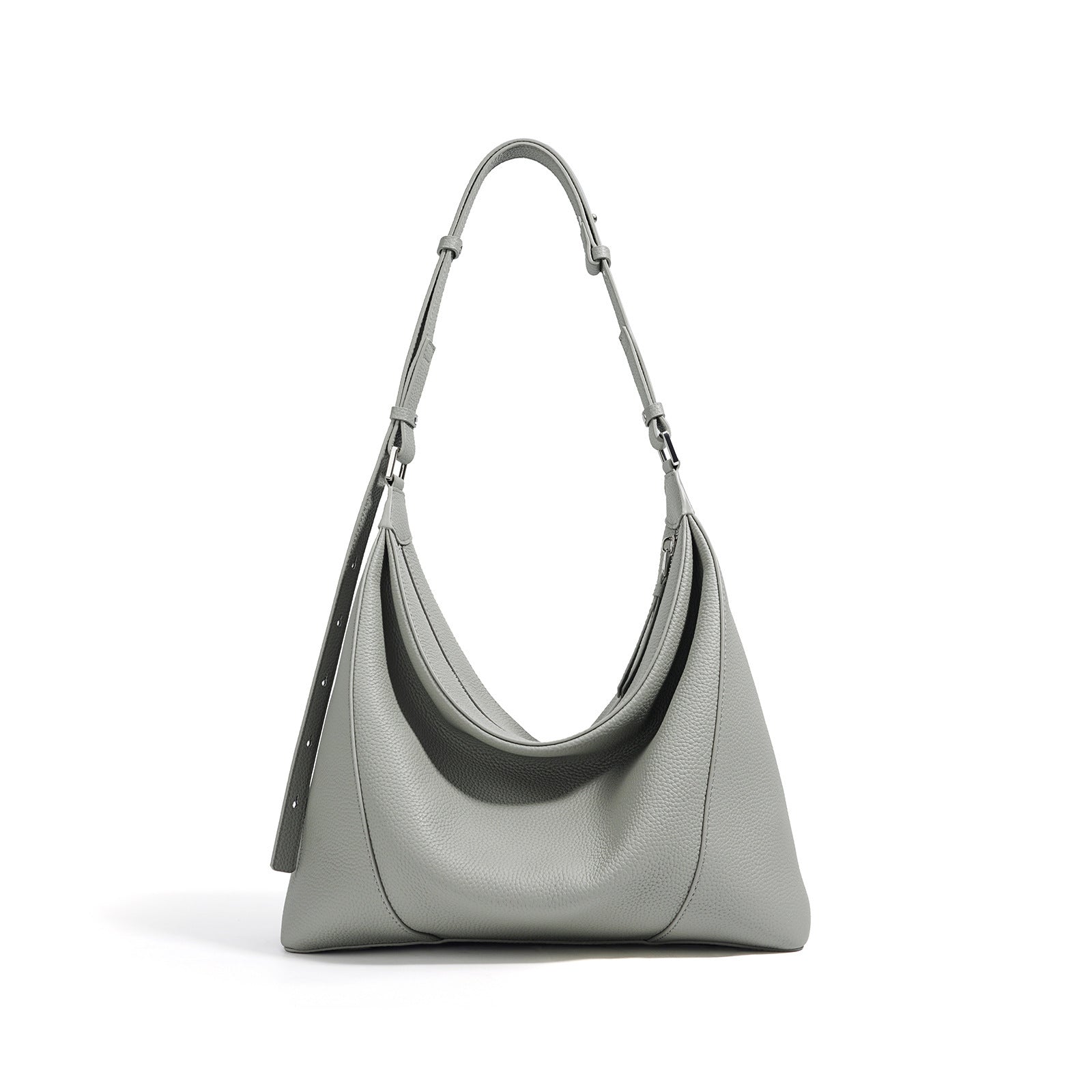 Gray handbag with a shoulder strap on a white background