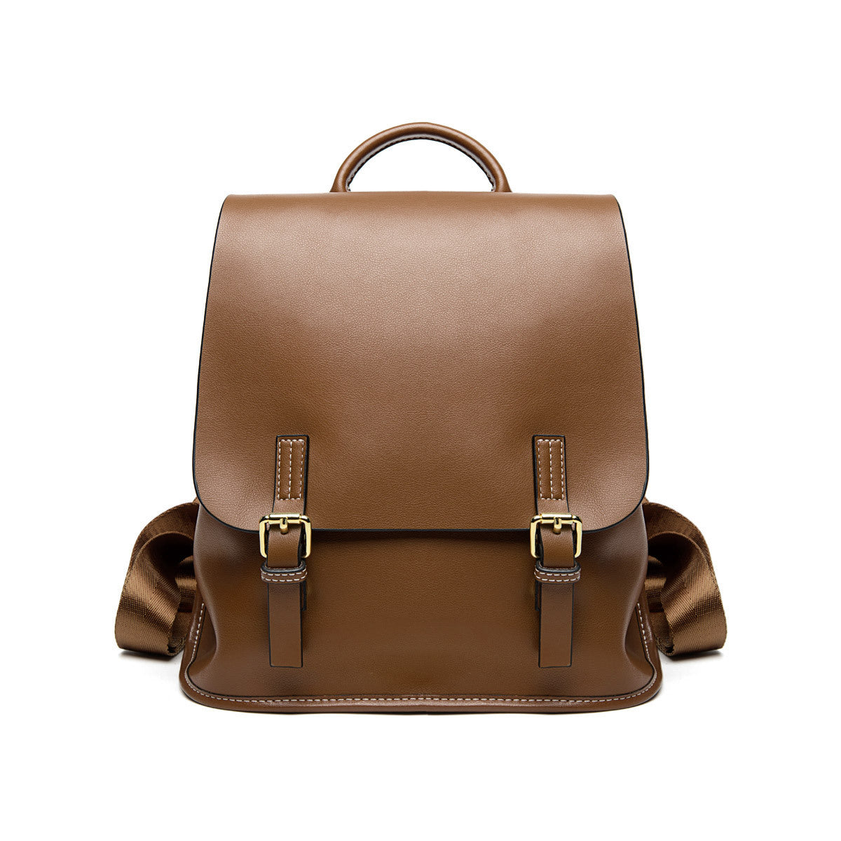 Brown leather backpack on a white background