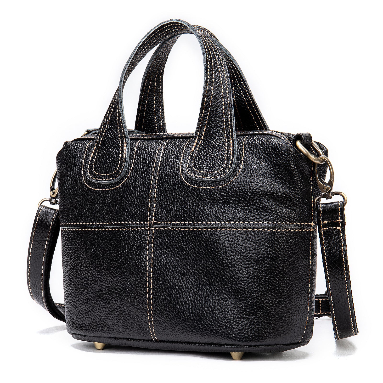 Black leather handbag with a shoulder strap on a white background