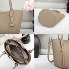 Collage of a beige handbag from different angles on a white background.