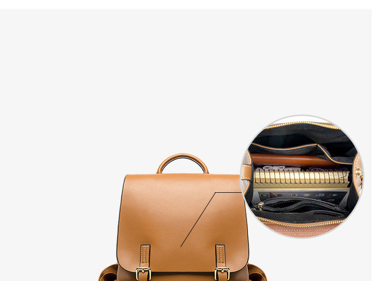 Brown leather backpack with gold accents on a white background