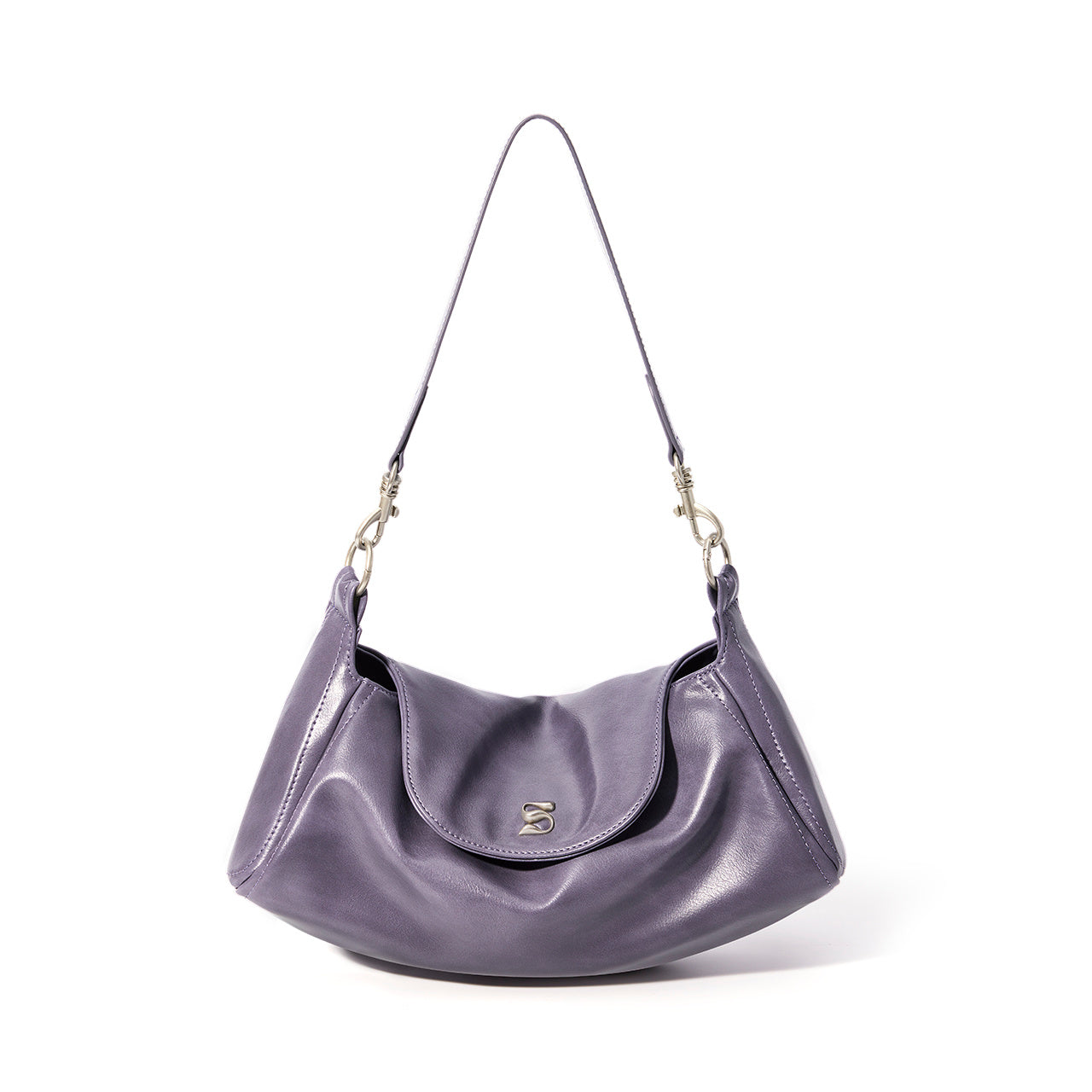 Purple handbag with a chain strap on a white background