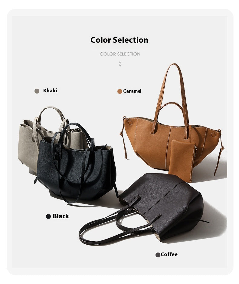 Color selection of handbags including Khaki, Caramel, Black, and Coffee on a white background.