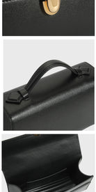 Black leather handbag with gold clasp on a white background