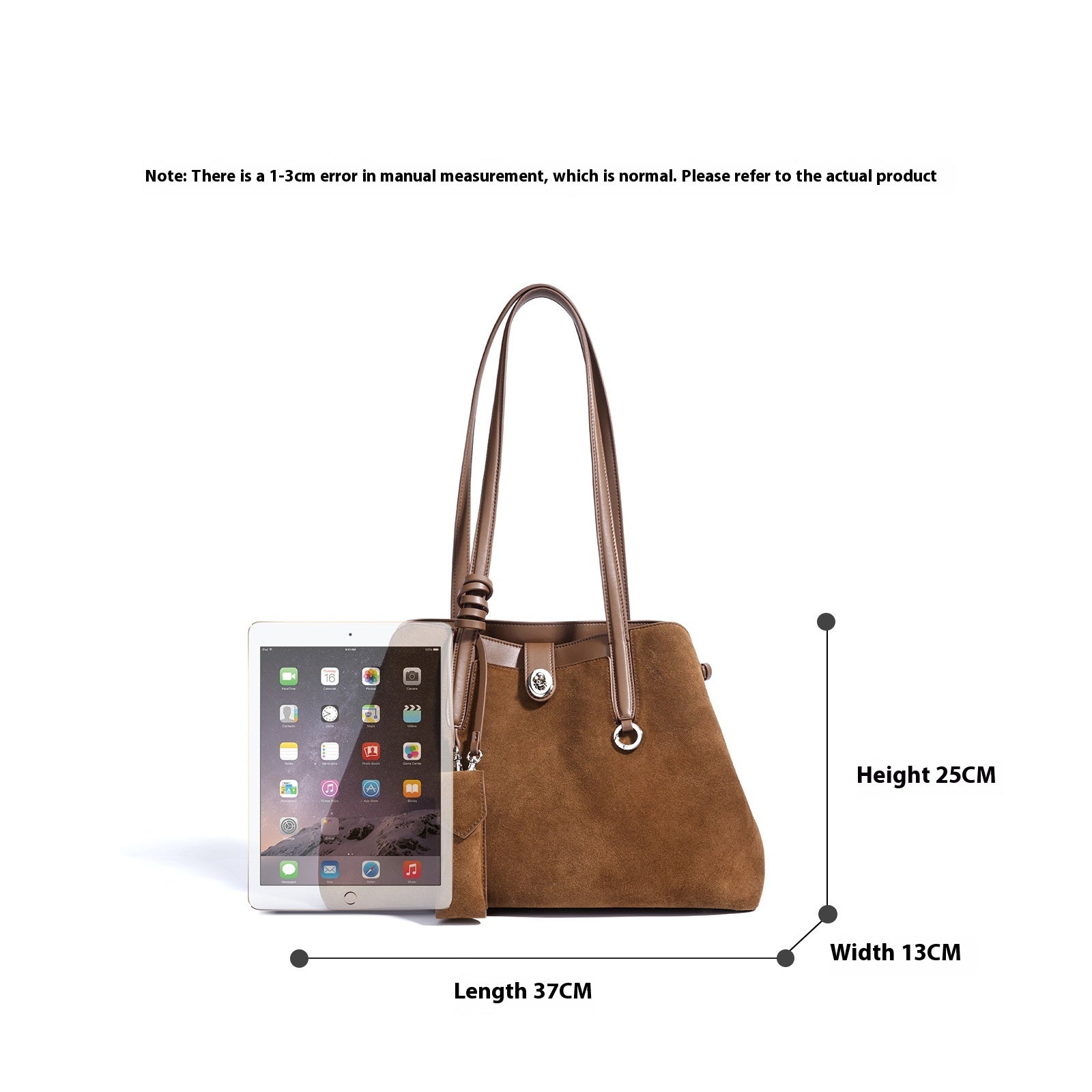 Brown handbag with measurements on a white background