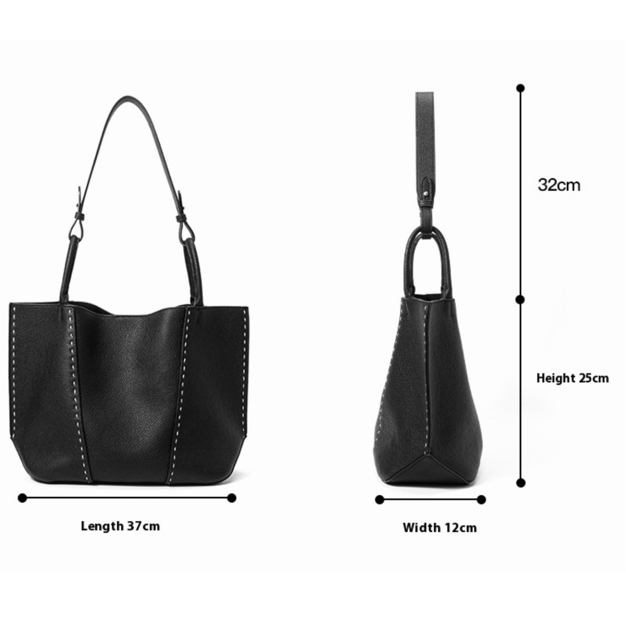 Black handbag with measurements on a white background