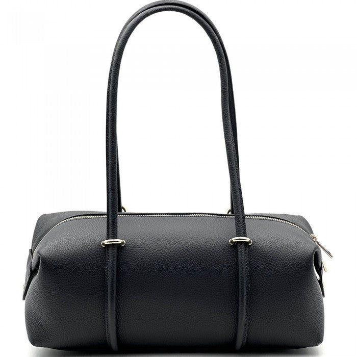 Black handbag with handles on a white background