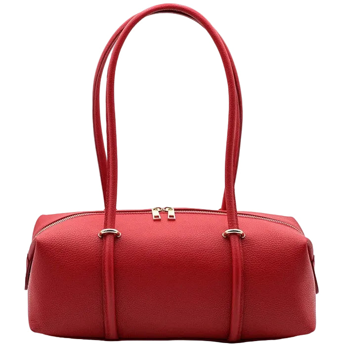 Red handbag with gold accents on a white background