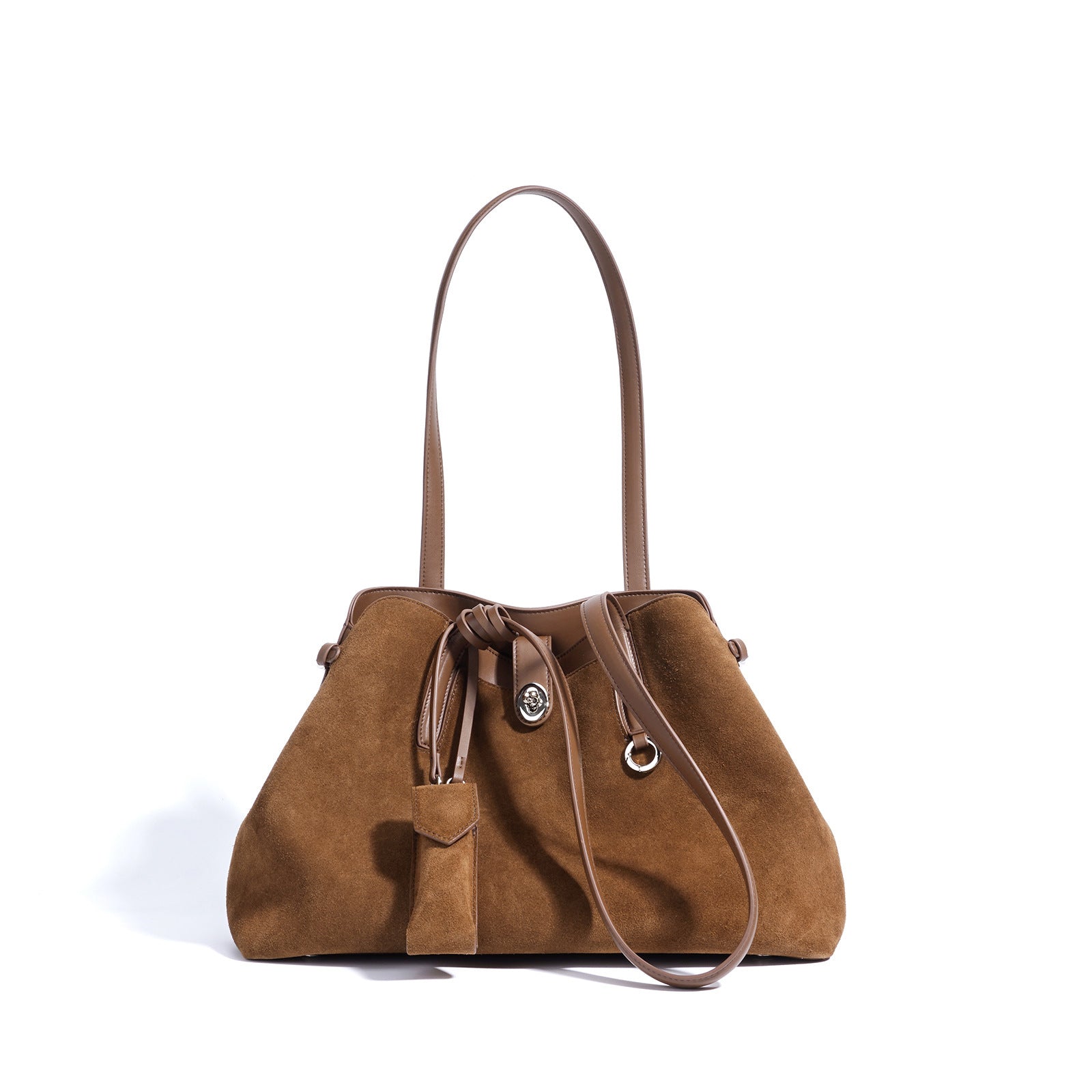 Brown suede handbag with a drawstring on a white background