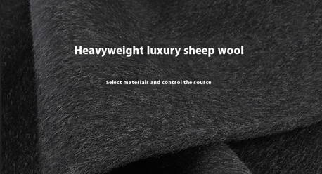 Close-up of heavyweight luxury sheep wool fabric with text overlay.