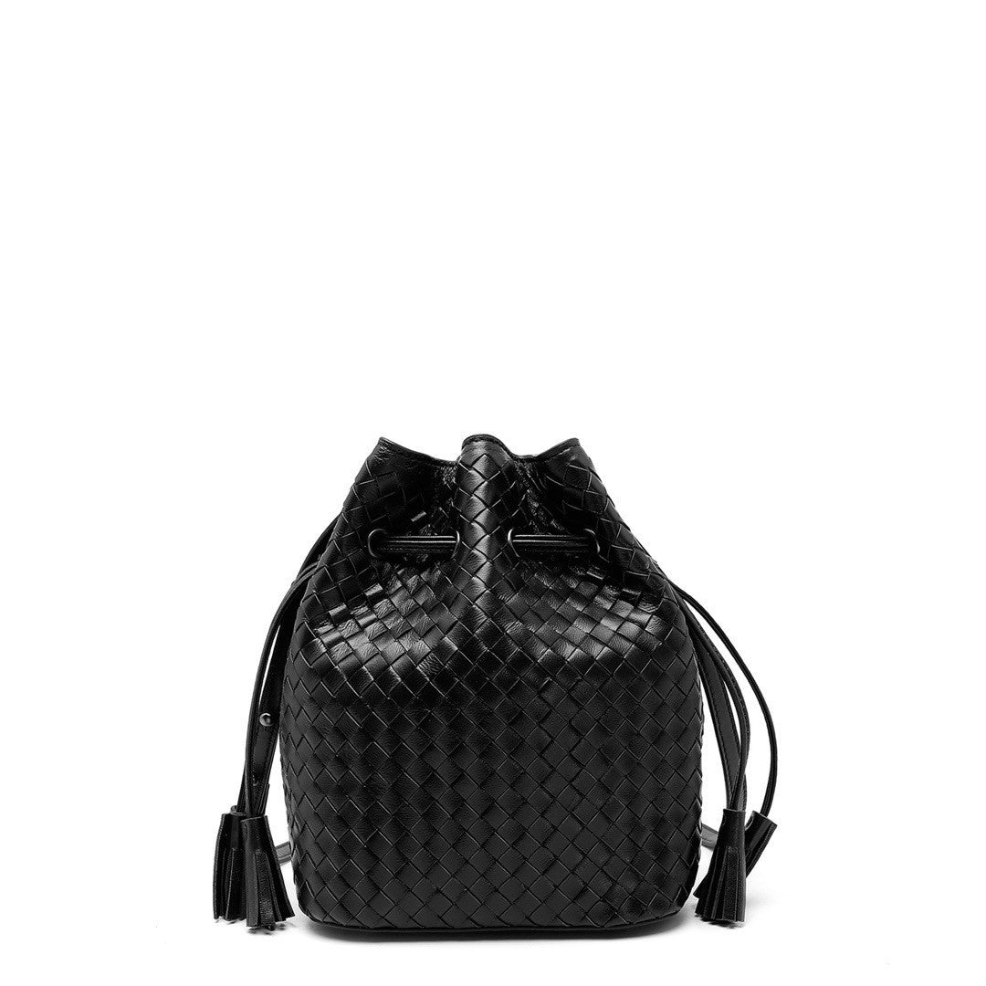 Black woven drawstring bag on a white background