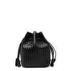 Black woven drawstring bag on a white background
