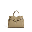 Beige handbag with a belt detail on a white background