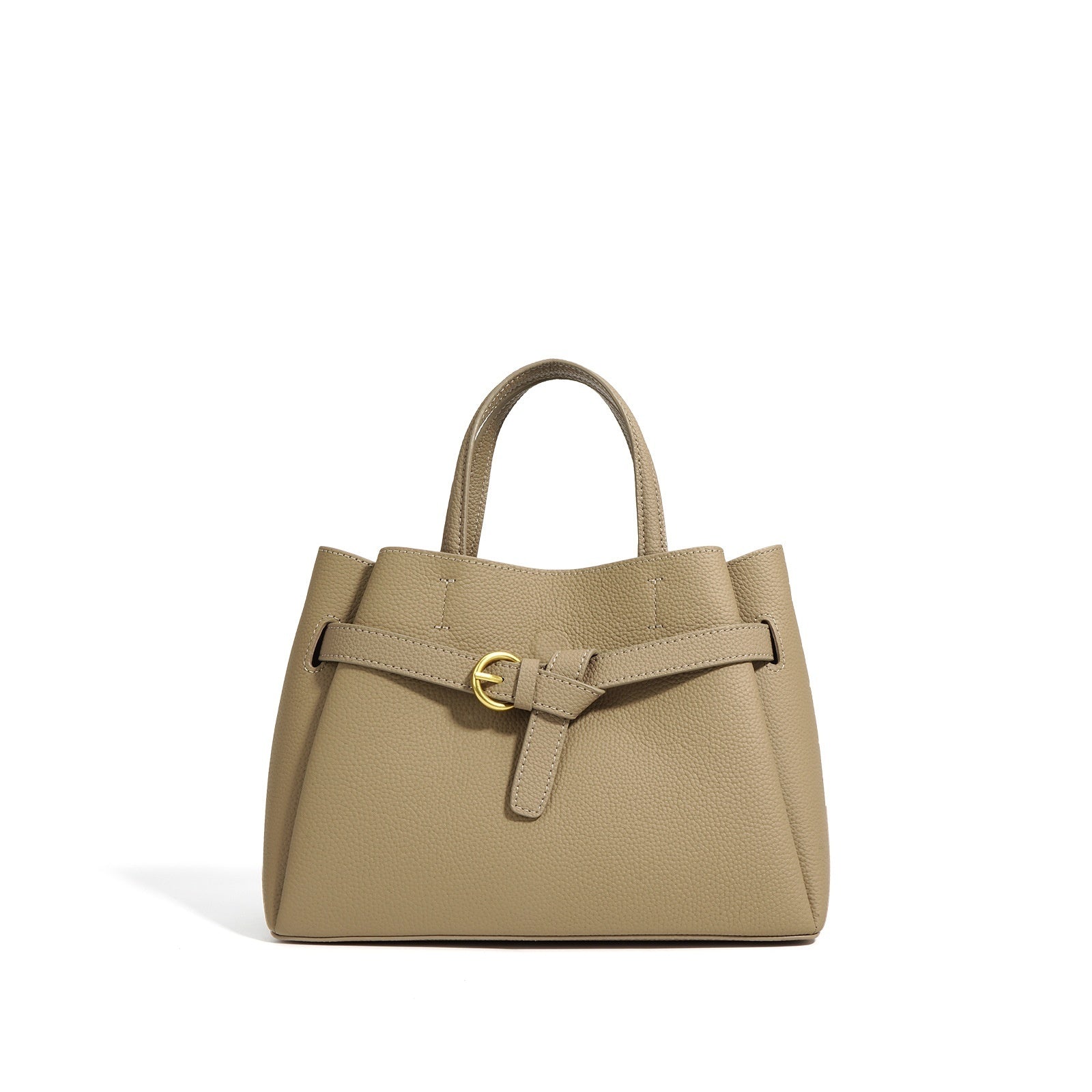 Beige handbag with a belt detail on a white background