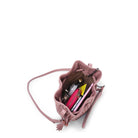 Pink handbag with a shoulder strap on a white background